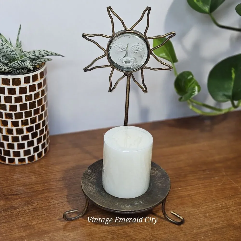 Vtg Sunburst Gold Metal Candle Holder Glass Sun Face 3d Mystical  Celestial Boho